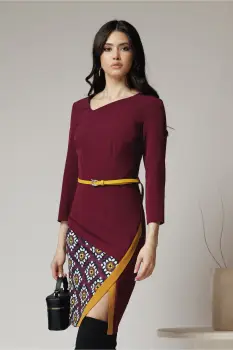 Rochie office din stofa mov cu imprimeu la baza si curea in talie imagine