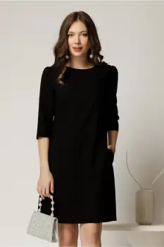 Rochie office din stofa neagra cu floare pe umar imagine