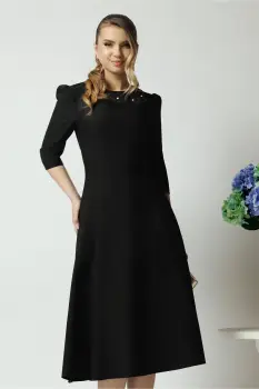 Rochie office din stofa neagra cu flori la bust imagine