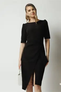 Rochie office din stofa neagra cu funda in talie imagine