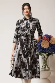 Rochie office din stofa neagra cu imprimeu bej si cordon in talie imagine