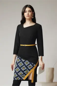 Rochie office din stofa neagra cu imprimeu la baza si curea in talie imagine
