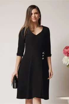Rochie office din stofa neagra cu nasturi in talie imagine
