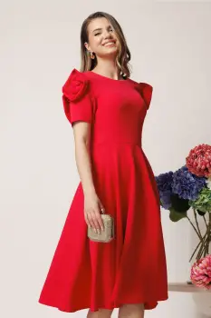 Rochie office din stofa rosu zmeura clos cu trandafiri la maneci imagine
