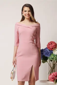 Rochie office din stofa roz conica cu decolteu barcuta imagine