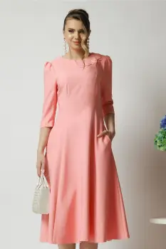 Rochie office din stofa roz cu flori la bust imagine