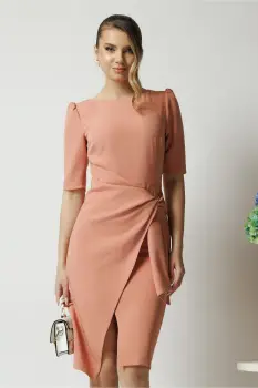 Rochie office din stofa roz piersica cu funda in talie imagine