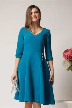 Rochie office din stofa turcoaz cu nasturi in talie imagine