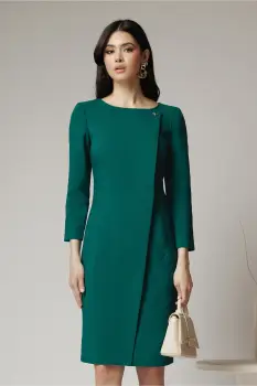 Rochie office din stofa verde cu accesoriu discret imagine