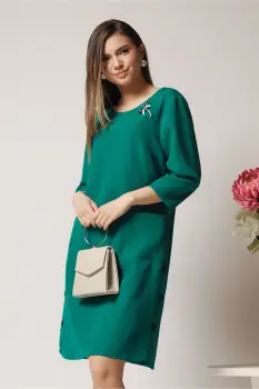 Rochie office din stofa verde cu buzunare si nasturi decorativi imagine