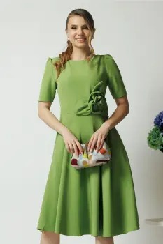 Rochie office din stofa verde cu floare maxi pe talie imagine
