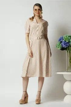 Rochie office din viscoza bej cu dungi si cordon in talie imagine