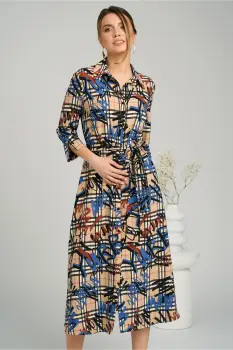 Rochie office din viscoza bej cu imprimeu albastra si cordon in talie imagine