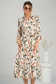 Rochie office din viscoza bej cu imprimeu caramiziu si cordon in talie imagine