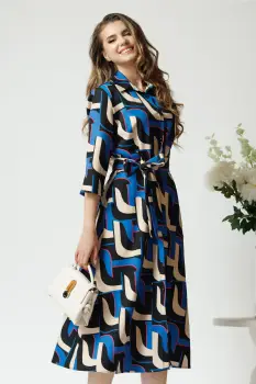 Rochie office din viscoza cu imprimeu geometric albastru si cordon in talie imagine