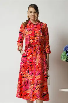 Rochie office din viscoza fucsia cu imprimeu portocaliu si cordon in talie imagine