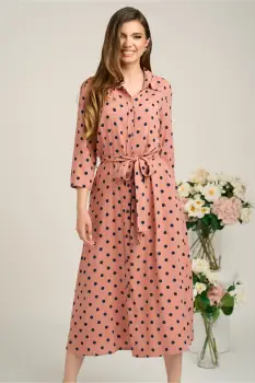 Rochie office din viscoza roz cu buline bleumarin si cordon in talie imagine