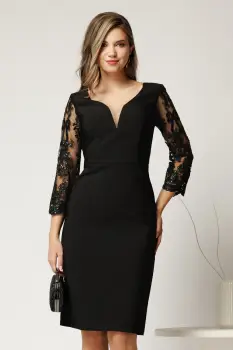 Rochie Poppy midi neagra de ocazie cu maneci din dantela cu paiete imagine