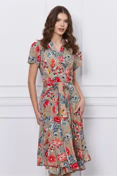 Rochie Rina bej cu croi petrecut si imprimeu floral rosu imagine