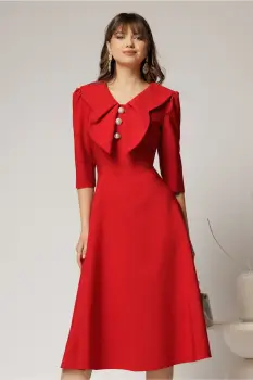 Rochie rosie clos de ocazie cu guler maxi si nasturi perluta imagine