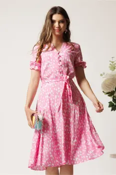 Rochie roz cu imprimeuri albe in clos cu cordon in talie imagine