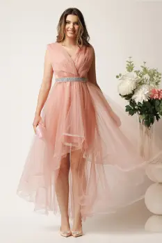 Rochie roz cu lungime asimetrica din tull in clos cu cordon in talie- Ella Collection Isabel imagine