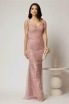 Rochie roz de seara croi sirena cu aplicatii de paiete si margele imagine