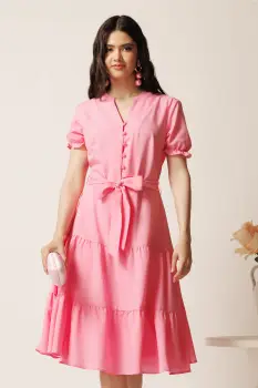 Rochie roz din viscoza in clos cu cordon in talie imagine