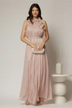 Rochie roz lunga de ocazie din voal peliculizat cu cordon impletit imagine