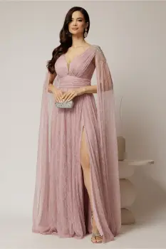 Rochie roz lunga de seara din dantela cu aplicatii pe umeri imagine