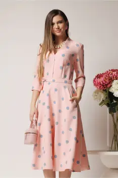 Rochie roz midi de zi cu buline gri si decolteu imagine