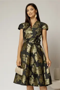 Rochie Sabrinaneagra cu inserttii florale aurii si decolteu in V imagine