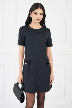 Rochie Sara bleumarin cu imprimeu si nasturi decorativi imagine