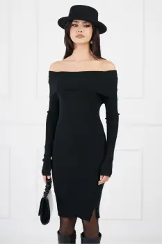 Rochie Sara neagra cu decolteu lasat pe umeri imagine