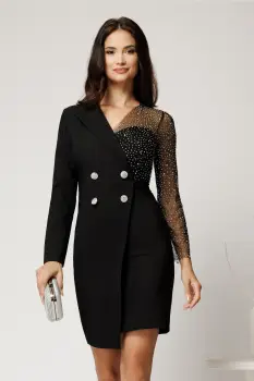 Rochie Sasha scurta neagra din stofa cu croi conic si bust din paiete imagine