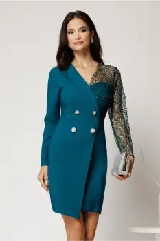 Rochie Sasha scurta verde din stofa cu croi conic si bust din paiete imagine