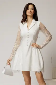 Rochie scurta alba cu maneci din dantela si nasturi decorativi imagine
