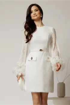 Rochie scurta alba din dantela cu maneci ample imagine