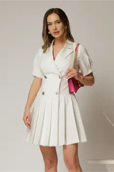 Rochie scurta alba tip sacou cu pliuri pe fusta imagine