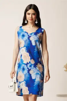 Rochie scurta albastra cu flori bej din viscoza imagine