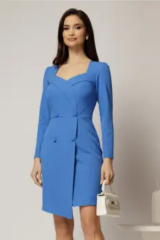 Rochie scurta albastra cu maneci lungi si nasturi imbracati imagine