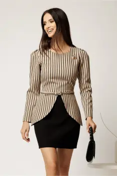 Rochie scurta bej cu dungi din stofa cu peplum in talie si fusta neagra imagine