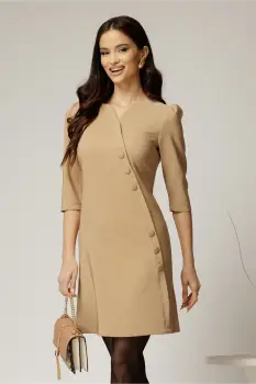 Rochie scurta bej cu nasturi decorativi si croi cambrat imagine