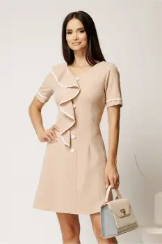 Rochie scurta bej din bumbac cu croi cambrat, nasturi decorativi si volan imagine