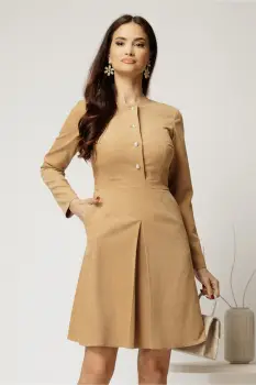 Rochie scurta bej din catifea reiata cu pliu pe fusta si nasturi perla imagine