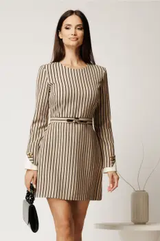 Rochie scurta bej din stofa cu dungi negre si curea in talie imagine