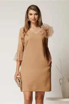 Rochie scurta bej din stofa cu mansete din voal plisat si floare maxi imagine