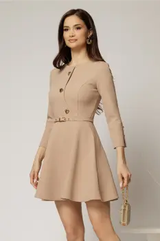 Rochie scurta bej din stofa in clos cu nasturi pe bust si curea in talie imagine