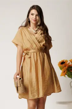 Rochie scurta bej din tencel in clos cu elastic si cordon in talie imagine