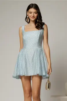 Rochie scurta bleu cu buline din tencel cu snur la spate si decolteu patrat imagine